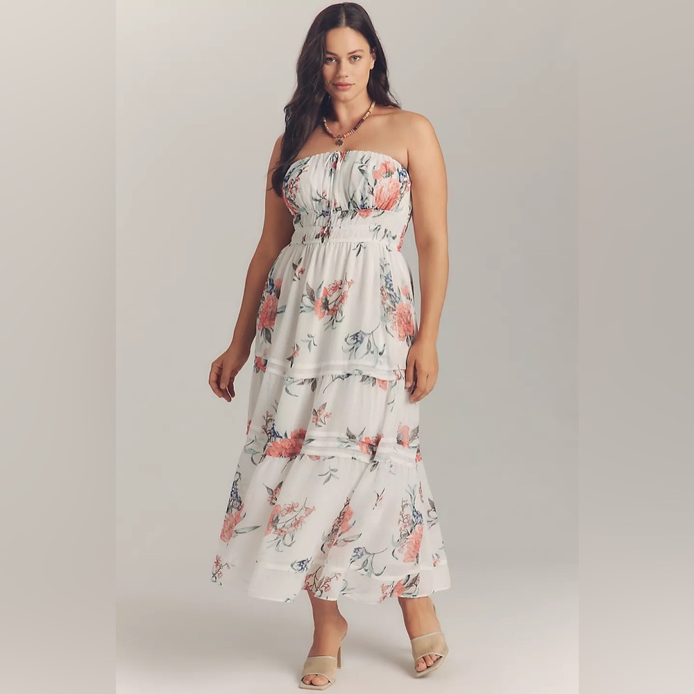 Anthropologie The Somerset Strapless Chiffon Midi Dress Ivory Floral Size M NWT